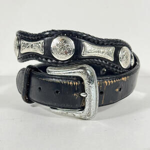 Vintage Black Western Cowboy Metal Embellished Engraved Belt Size 38